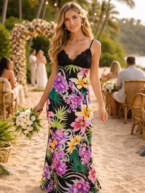 VTG 90s Mary L Couture Floral Silk Slip Maxi Dress Lace Trim Sz 0 Wedding Prom